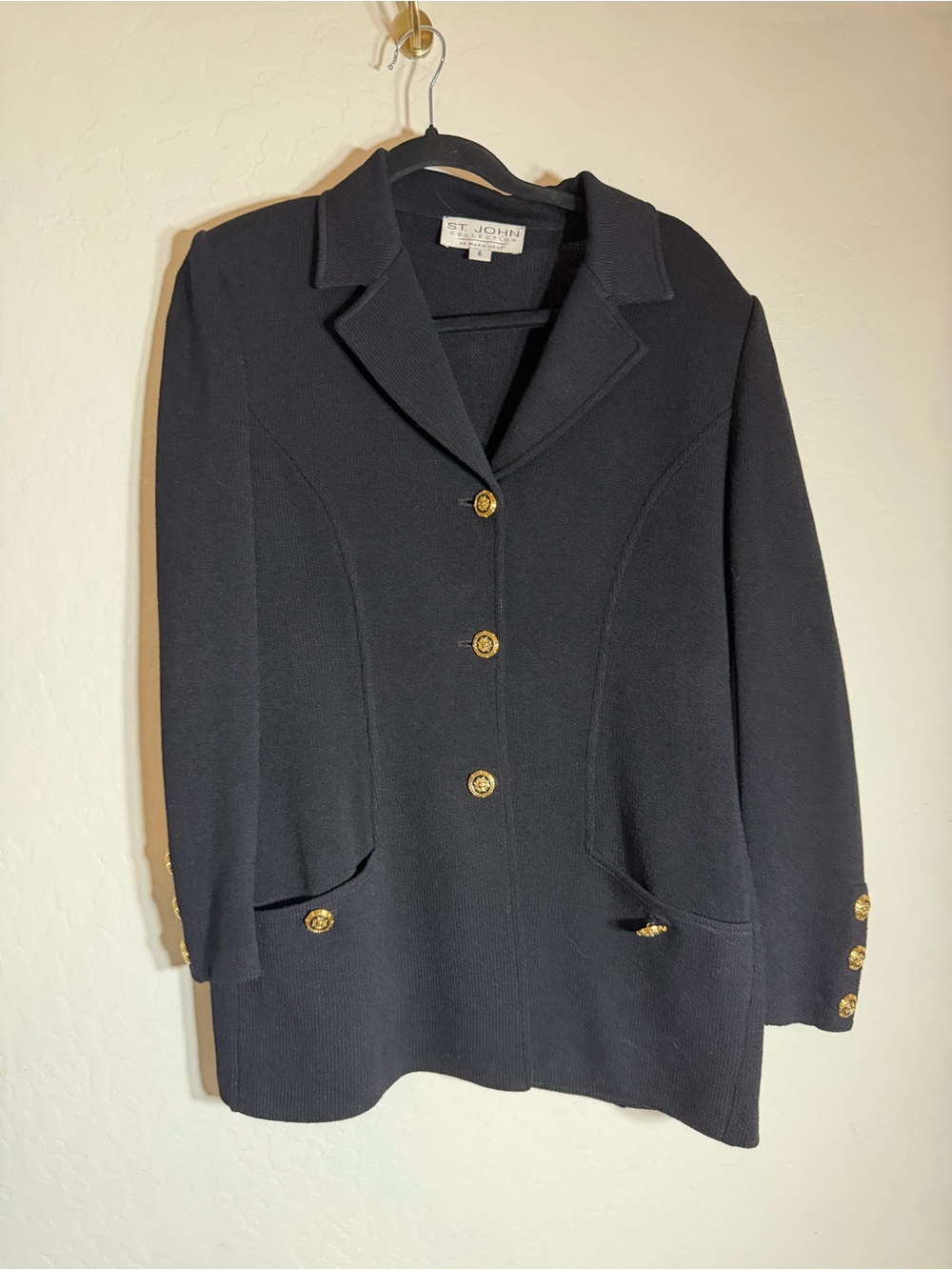 St. John Collection Black Notch Lapel Knit Blazer Jacket Size 6
